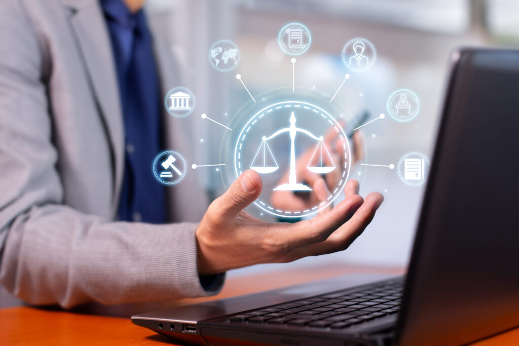 Legal expert holding icons of law and digital connectivity to represent cybersecurity services