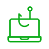 Green phishing hook icon on a laptop representing phishing threats in healthcare cybersecurity services